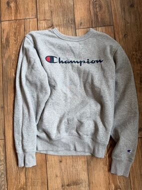 Champion Gray Crewneck Sweatshirt with Navy Logo